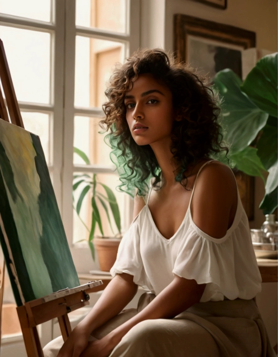 (photorealism: 1.2), beautiful woman, sitting sideways, focused and concentrated, wearing a light casual feminine look, arafa woman with curly hair, face partially hidden, tanned ameera al taweel, imaan hammam, beautiful latin face, beautiful beautiful woman, she has dark brown skin, beautiful woman, flawless brown skin, beautiful Mexican, the most beautiful woman in the world, beautiful tanned Mexican, jaw-dropping beauty, Photoshop image quality, sitting on a stool, in an imposing frontal position, soft lighting , environment with natural sunlight, cozy room, a woman sitting in front of a painting on an easel, oil painting style, realistic painting style, realistic painting of beautiful girl, realistic oil paint, realistic painting, painting style super realistic, realistic woman oil painting, painting style, realistic oil painting, watercolor painting style, realism art style, beautiful painting, colorful portrait, model painting, painting of a woman, with intentional and important look sensual, realistic, intricate details, warm colors, by Greg Rutkowski, by Alphonse Mucha