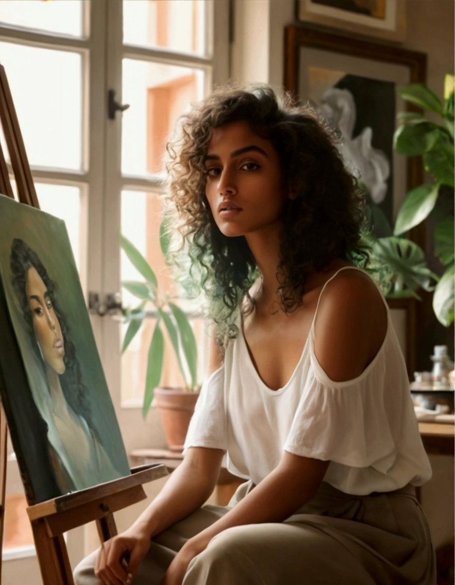 (photorealism: 1.2), beautiful woman, sitting sideways, focused and concentrated, wearing a light casual feminine look, arafa woman with curly hair, face partially hidden, tanned ameera al taweel, imaan hammam, beautiful latin face, beautiful beautiful woman, she has dark brown skin, beautiful woman, flawless brown skin, beautiful Mexican, the most beautiful woman in the world, beautiful tanned Mexican, jaw-dropping beauty, Photoshop image quality, sitting on a stool, in an imposing frontal position, soft lighting , environment with natural sunlight, cozy room, a woman sitting in front of a painting on an easel, oil painting style, realistic painting style, realistic painting of beautiful girl, realistic oil paint, realistic painting, painting style super realistic, realistic woman oil painting, painting style, realistic oil painting, watercolor painting style, realism art style, beautiful painting, colorful portrait, model painting, painting of a woman, with intentional and important look sensual, realistic, intricate details, warm colors, by Greg Rutkowski, by Alphonse Mucha