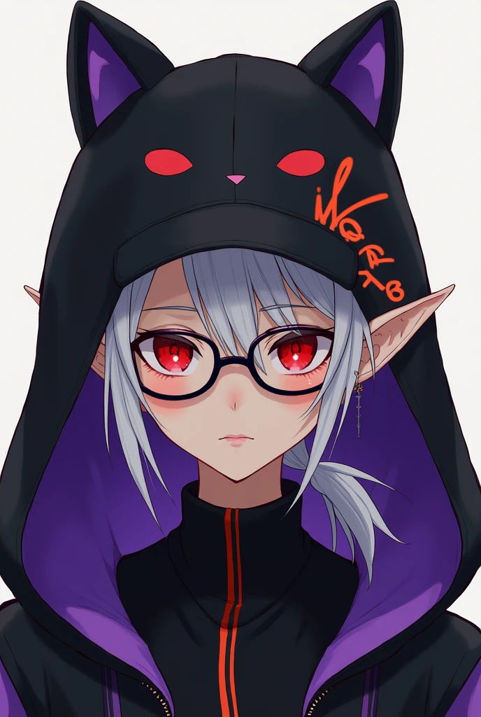 young man, Black skin tone, dark red eyes, elf ear small size, black earring in the shape of a cross but with two ears, wears prescription glasses, White hair, hair tied with ponytail, 2 strands of hair in the front, wears a black cap with a cat face, wears a closed hood with two different colors, black on one side and purple on the other, with an orange name written: NGGTO.