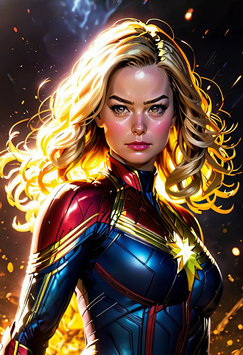 a female superhero,captain marvel,energy being held  emitting from her outsrtechted  hands and bodyand body using all her power to melt her and kill her enemy ,powerful and sexy pose,cinematic lighting,vivid colors,cinematic composition,beautiful detailed eyes,beautiful detailed lips,extremely detailed face and body,long eyelashes, long blonde hair ,volumetric energy effects,dramatic shadows,glowing energy aura,cinematic camera angle,hyper realistic,8k,high quality,detailed rendering,digital art,concept art style