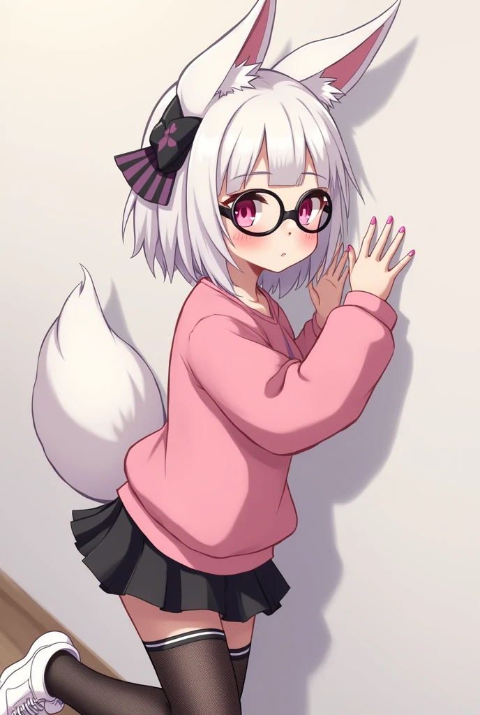 I have white hair white fox ears, a bow, My face is super blushing, black glasses, pink heart eyes, a big pink sweatshirt, painted nails a skirt down black shorts, black mesh stockings, White shoes, a fox tail a very shy girl i'm hitting you a wall grabbing her butt she's also pouting