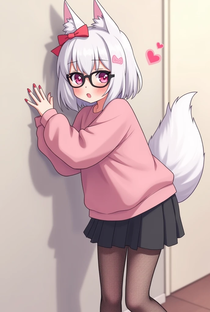 I have white hair white fox ears, a bow, My face is super blushing, black glasses, pink heart eyes, a big pink sweatshirt, painted nails a skirt down black shorts, black mesh stockings, White shoes, a fox tail a very shy girl i'm hitting you a wall grabbing her butt she's also pouting