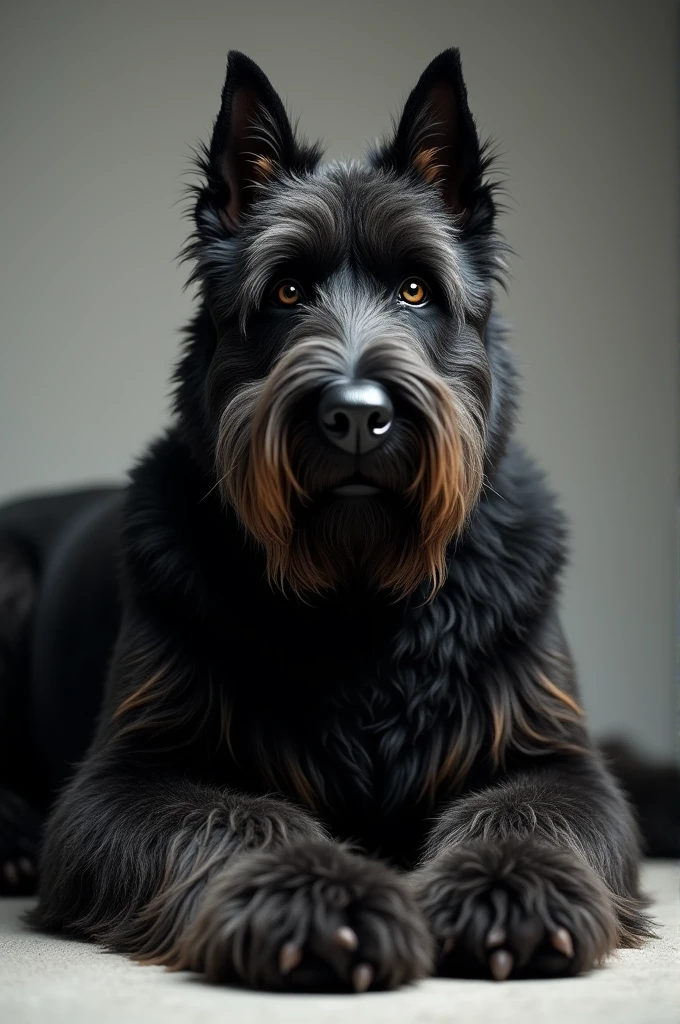 Giant Schnauzer lying in front view [Eye level] , [Black shaggy fur ]
