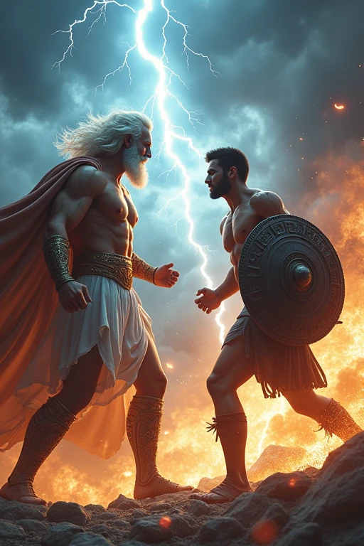 Zeus, the enemy, shoots lightning at Hercules, who protects himself with his shield.
