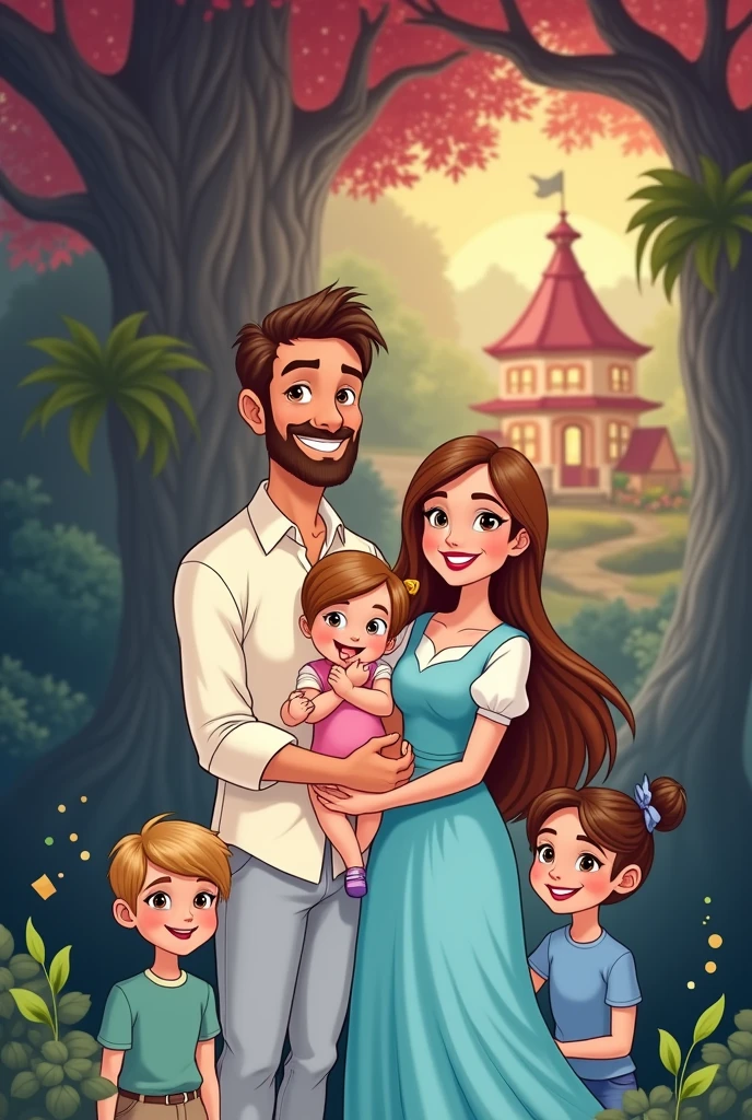 Use the same face of the man in the inspiration image, insert a woman into the scene, his wife and 3 children, everyone smiling like a happy family, use a house and trees as a background, create image in Disney character style