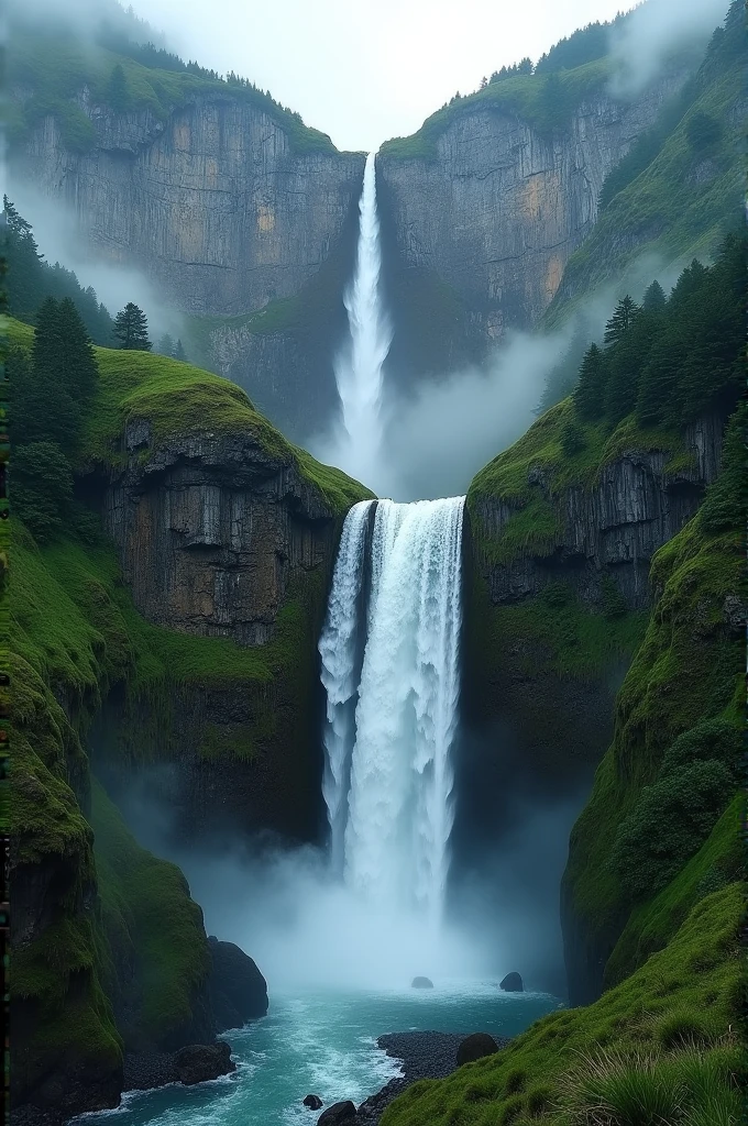 Create an image of Sutherland Falls, showcasing its three distinct tiers cascading down a steep cliff. The scene should be set in Fiordland National Park with the lush, green environment and the mist from the falls creating a dramatic effect. The height and grandeur of the falls should be highlighted.”