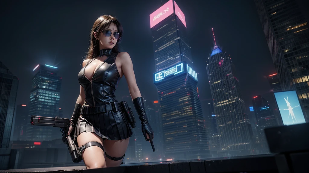 (Wide angle view). City Hunter style city, simple outlined neon tall buildings, glowing giant clock tower, helicopter, lightning, 3D rendering Beeple. At night, (1 girl as Kaori in City Hunter, solo, alone), photorealistic, medium-breast slim:0.6 body, oval:0.5 face, cleavage:1.1, sexy costume with deep-v, low view pleated miniskirt, glove, (Matrix style black micro sunglasses), ((aiming viewer with a short gun)), (running pose), (half-body thigh level close-up shot), cinematic lighting, ray tracing.