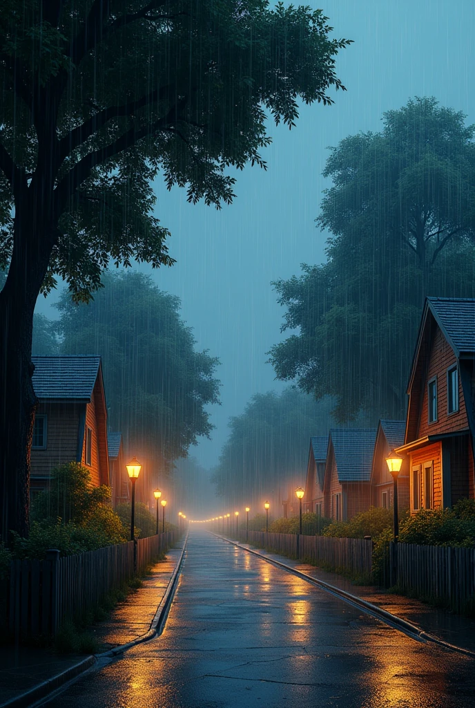 (photorealism:1.2), (masterpiece)
Realistic representation of a night in a town with streetlights, homes, trees and rain. Pay attention to every single aspect and detail of this objects.