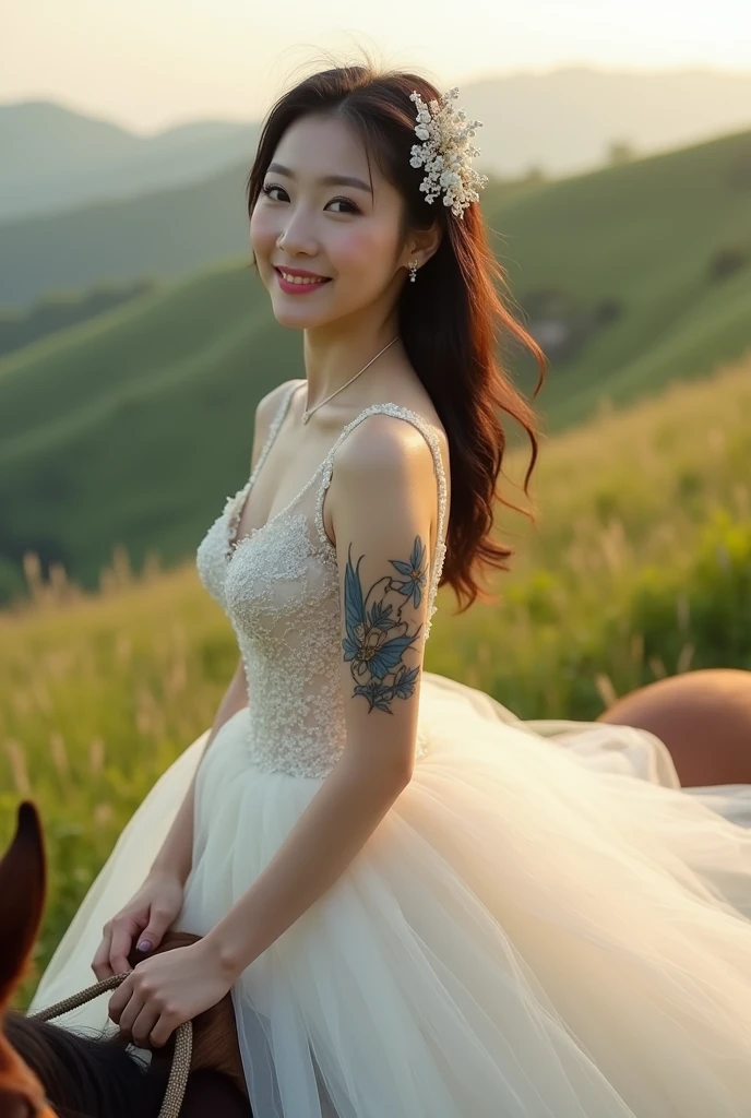 Korean girl, white skin, shaggy breasts, big breast, happpy face, thick body, sexy body, curvy waist, sunny morning, milky white skin, a butterfly tattoo on the shoulder back, a big flower tattoo on the thigh, there is a tatoo says "Thasya" on the lower arm, sexy transparent bride gown, riding a horse, on the green hill, nakeness, full body, beautiful nail arts, showing her white tighs, black hair, straight hair, sexy toe, camera from bottom, full body from toe to head, full body, black public hair, thick pubic hair