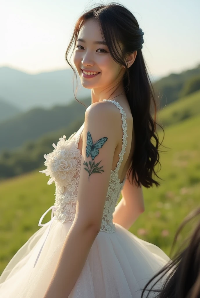 Korean girl, white skin, shaggy breasts, big breast, happpy face, thick body, sexy body, curvy waist, sunny morning, milky white skin, a butterfly tattoo on the shoulder back, a big flower tattoo on the thigh, there is a  tatoo says "Thasya" on the lower arm, sexy transparent bride gown, riding a horse, on the green hill, nakeness, full body, beautiful nail arts, showing her white tighs, black hair, straight hair, sexy toe, camera from bottom, full body from toe to head, full body, black public hair, thick pubic hair 