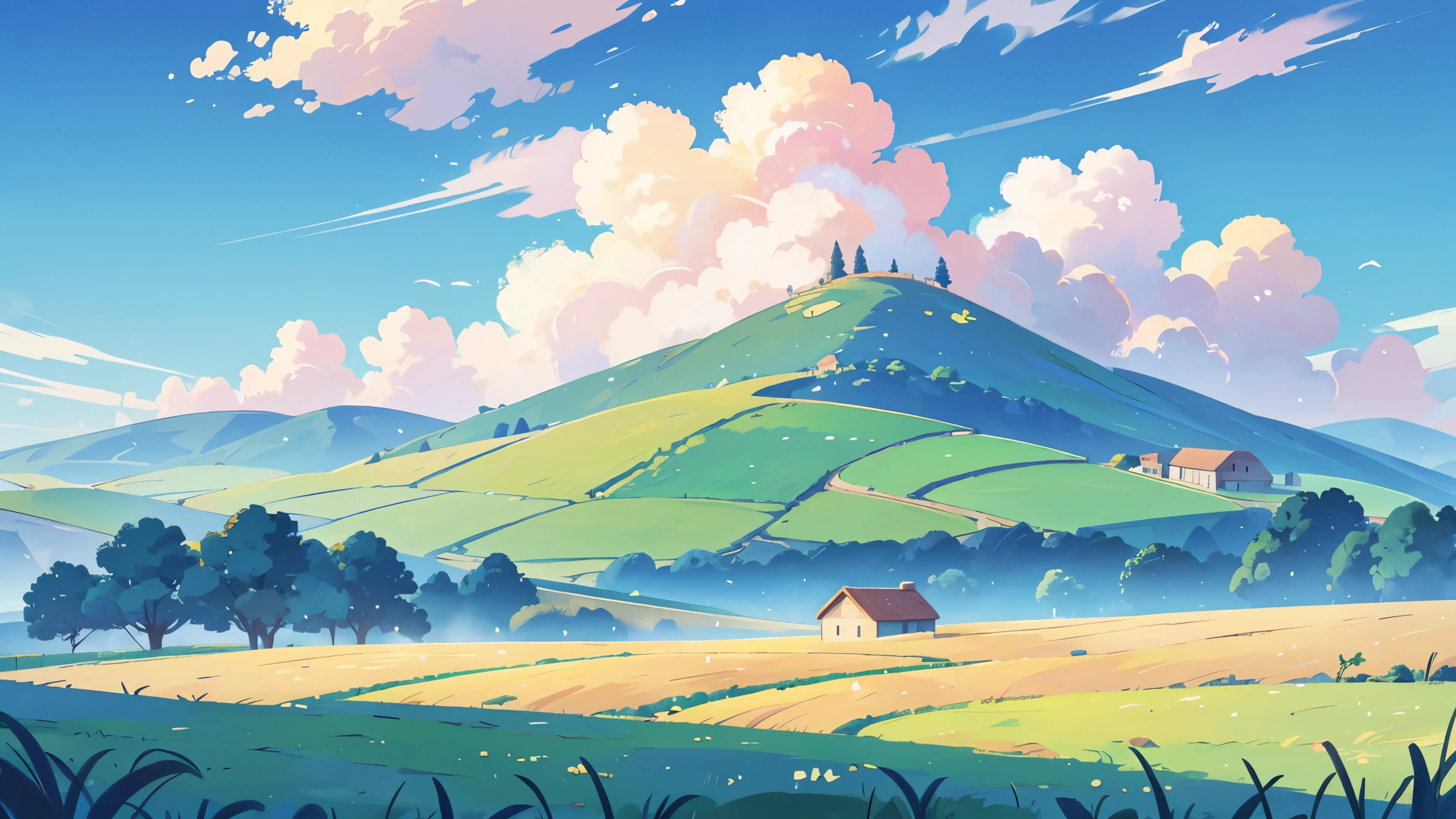 A flat hill, with wheat plantation, in the background a beautiful blue sky with clouds.