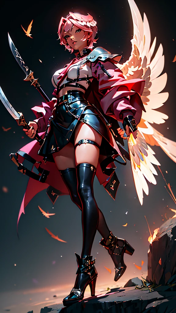 envision a 8k, highres, cinematic, beautiful full body concept art design sheet of a hawk woman with pretty mature features posing with a halberd with short pink hair, wings on head, a black shiny skirt, black tights, flight jacket, leather armor, magic effects in dark lighting, against a dark gray background