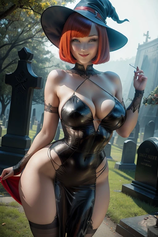 Witch, sexy pose, big breasts, curvy, smile, bob haircut, sexy china dress, redhead, graveyard