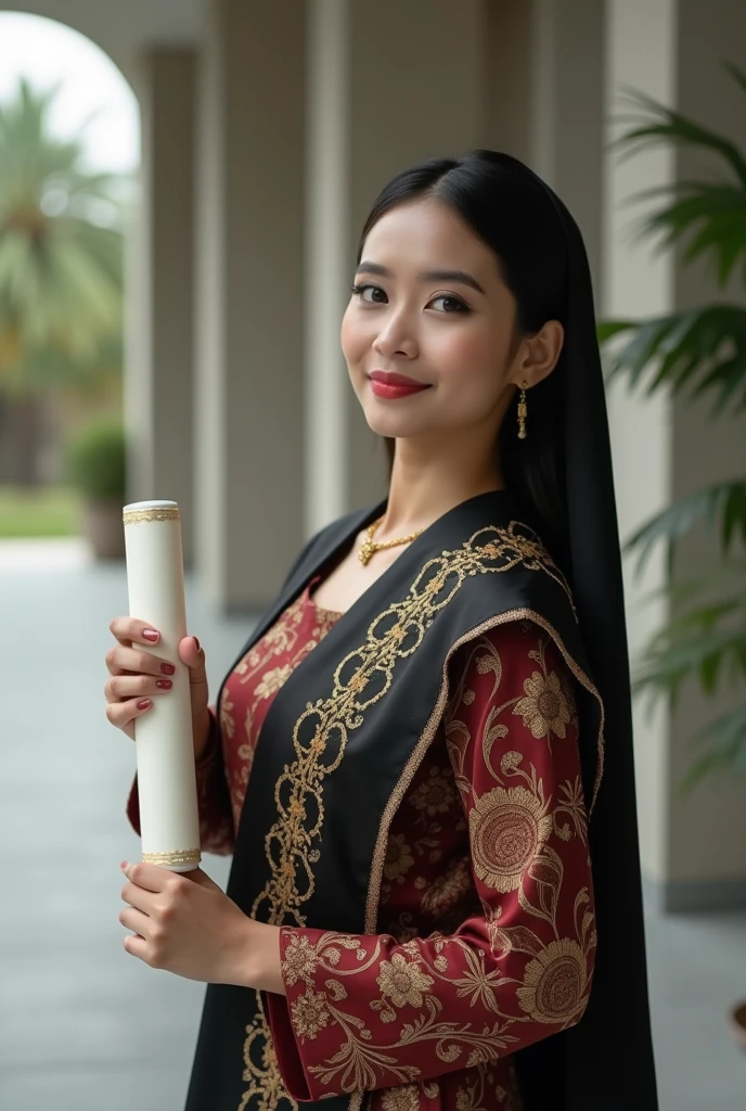 Photoshoot of a woman graduating wearing a kebaya and holding a diploma wearing a toga. Looks more human
