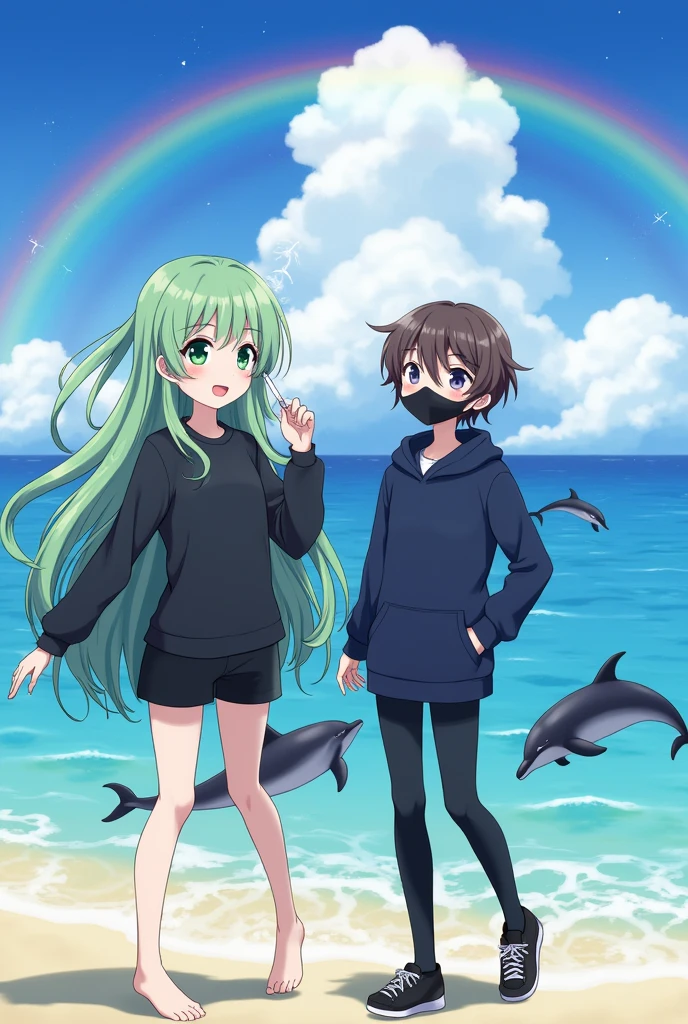 Rainbow dolphins, in a beach, bright rainbow in the background, Bright sea, anime girl, Long green hair, green eyes, Pale skin, long black shirt, black shorts, happy face, high quality, segunda anime girl, Brown hair, gray cap, dark blue sweatshirt, Black pants, black face mask, green eyes, smoking.