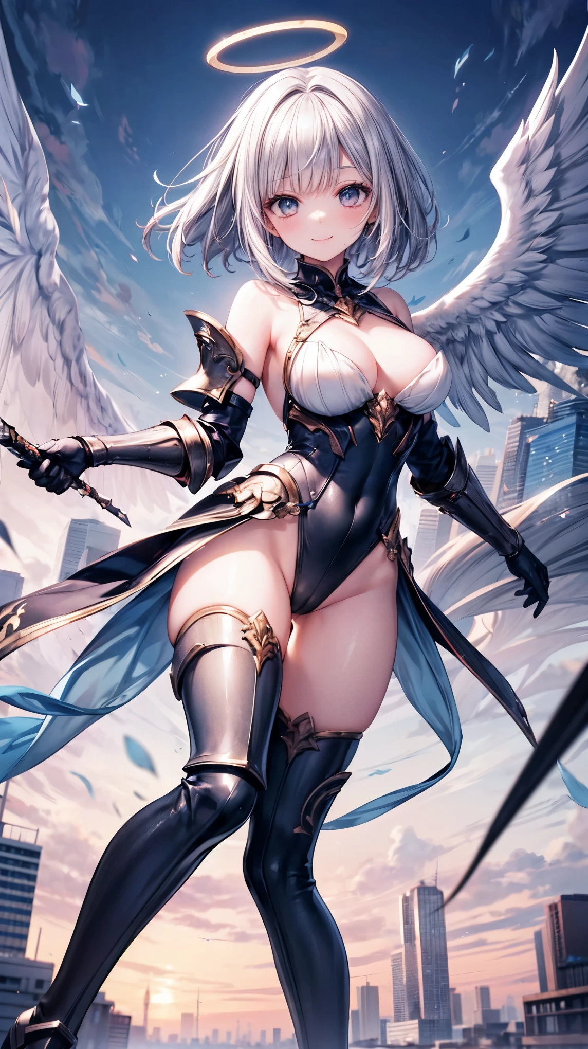 fantasy, 1angel_girl,(young_:1.5), ,brown_hair, medium_bob_hair, long_bangs, halo,bare_shoulder,thighhighs,silver_armor, waist_armor, large_breasts,1pair_wings, dynamic_pose_fighting,floating, bare_crotch, headgear,gauntlet, greaves,city_landscape_background,slightly_spread_legs, solo, groin_naked,smile