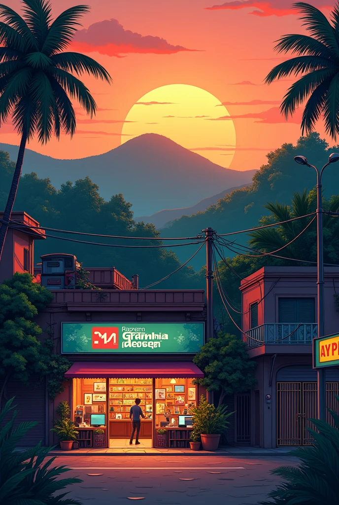 Graphics design big shop in small Indian
street , greenary hill background, evening orange 
sky anime
