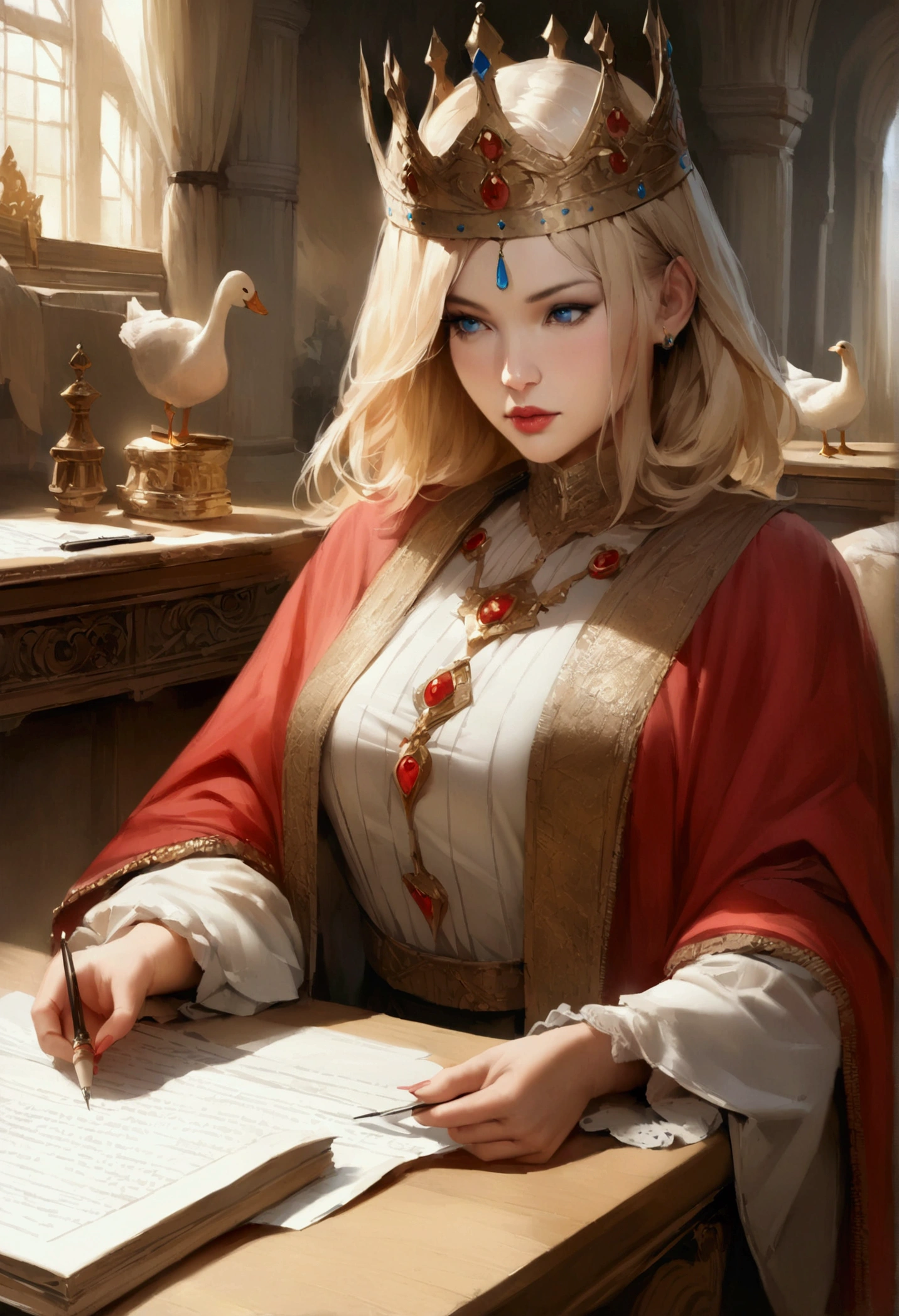 (Masterpiece: 1.2, Best Quality), Realistic, (Realistic Picture, Complex Details, Depth of Field), Best Quality, Masterpiece, Highly Detailed, Semi Realistic, 1 Girl, Mature Female, 2, Blond Hair, Shoulder length Short Hair, Left Eye Covered with Hair, Blue Eyes, King's Clothes, Red Cloak, Slim Figure, Crown Made of Precious Gold, Reading Documents, Marking Documents, Goose Hair Pen, Office Table, Soft Bench, Palace, In the palace, during the Middle Ages