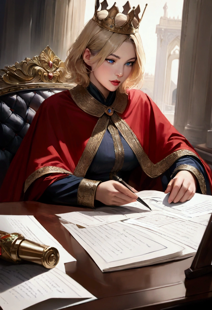 (Masterpiece: 1.2, Best Quality), Realistic, (Realistic Picture, Complex Details, Depth of Field), Best Quality, Masterpiece, Highly Detailed, Semi Realistic, 1 Girl, Mature Female, 2, Blond Hair, Shoulder length Short Hair, Left Eye Covered with Hair, Blue Eyes, King's Clothes, Red Cloak, Slim Figure, Crown Made of Precious Gold, Reading Documents, Marking Documents, Goose Hair Pen, Office Table, Soft Bench, Palace, In the palace, during the Middle Ages
