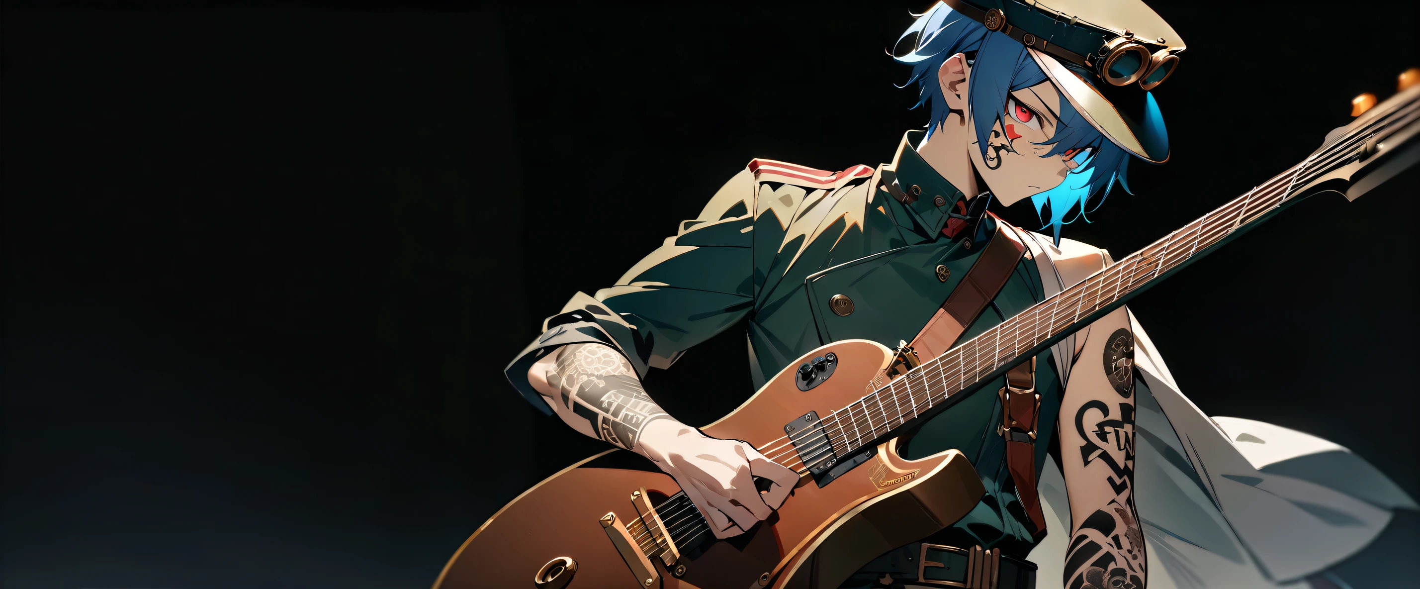 (((masterpiece,Highest quality))),((A male anime character with short blue hair, red eyes and wearing a military uniform with visible tattooed upper arms holding a guitar)),((Steampunk-style electric guitar)),((Steampunk-style electric guitarを持って立っている)),(((Steampunk style small military hat,Tattoos on the right side of the face and on the arm))),(((Black Background))),alone,Focus on the whole body,(high quality),アニメ