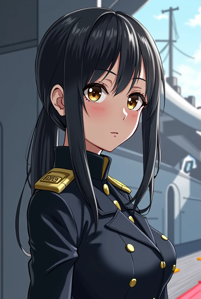 One girl, Wearing a naval officer's uniform, Shortcuts, Brown eyes, Black Hair, Sharp Eye,