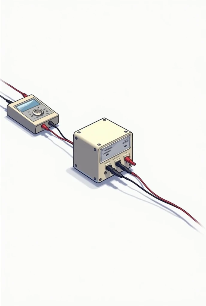 Photo or illustration of a 1V to 10v adjustable power supply in use, connected to a test device, like a multimeter or a dummy load. do this in drawing form and the source should be small with a potentiometer and 3 inputs