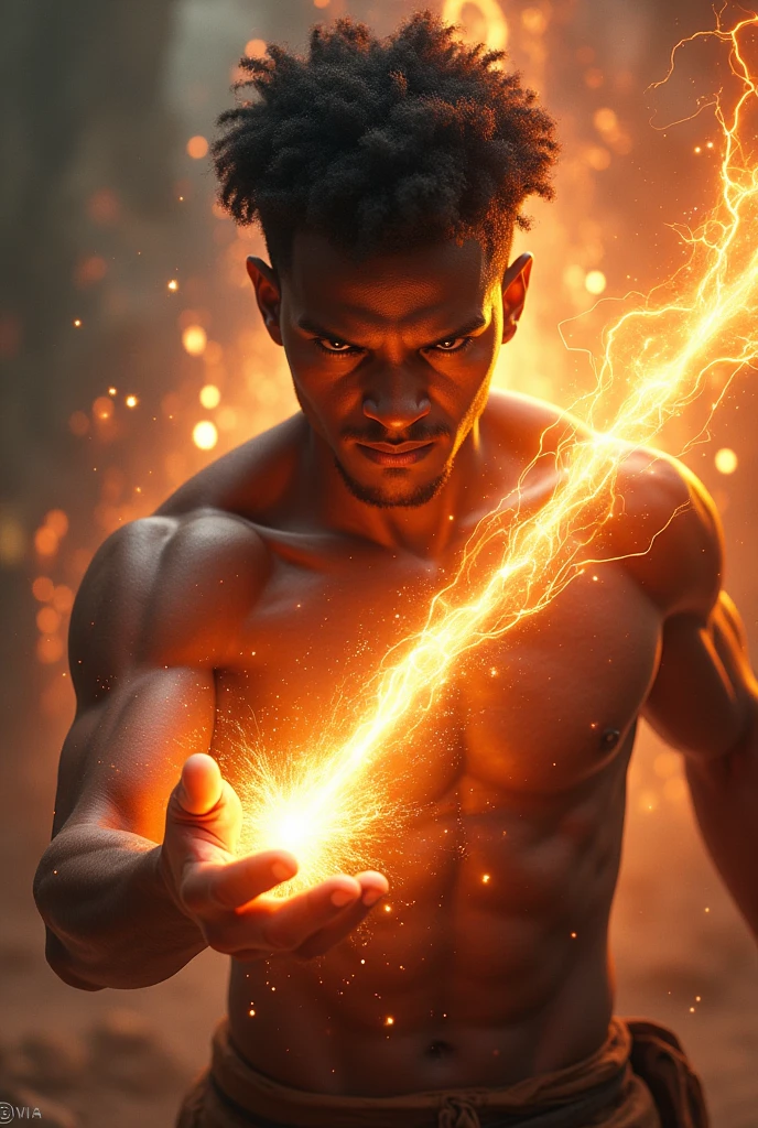 (photorealism:1.2), A young 2 man with angry black skin who sends magic lasers with his hands