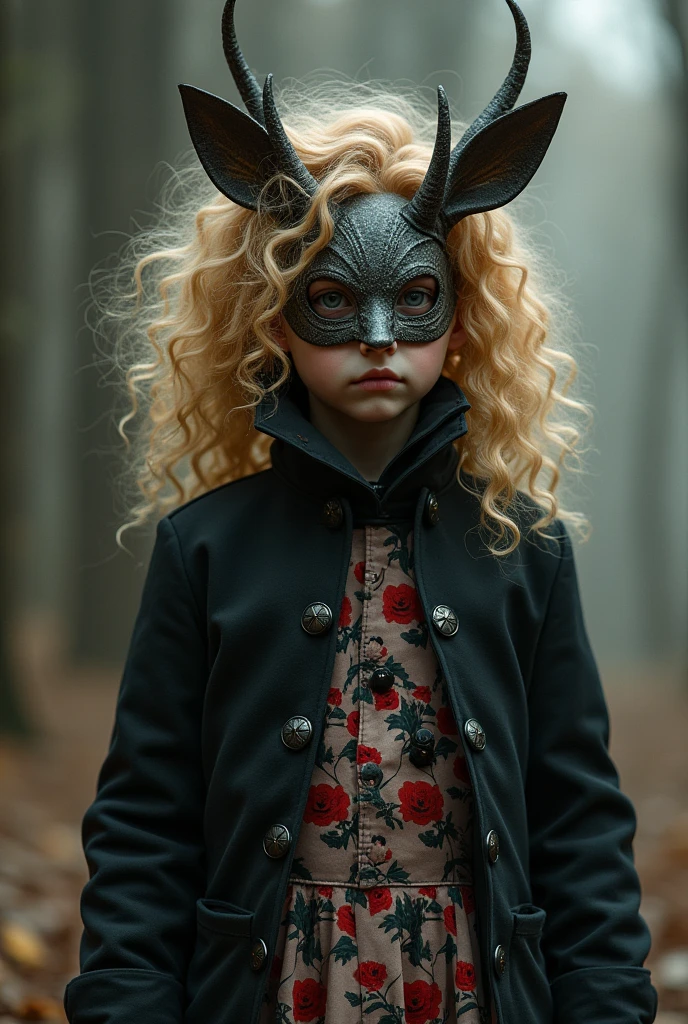 Girl with curly blonde hair wearing a black, white and red coat wearing a deer mask