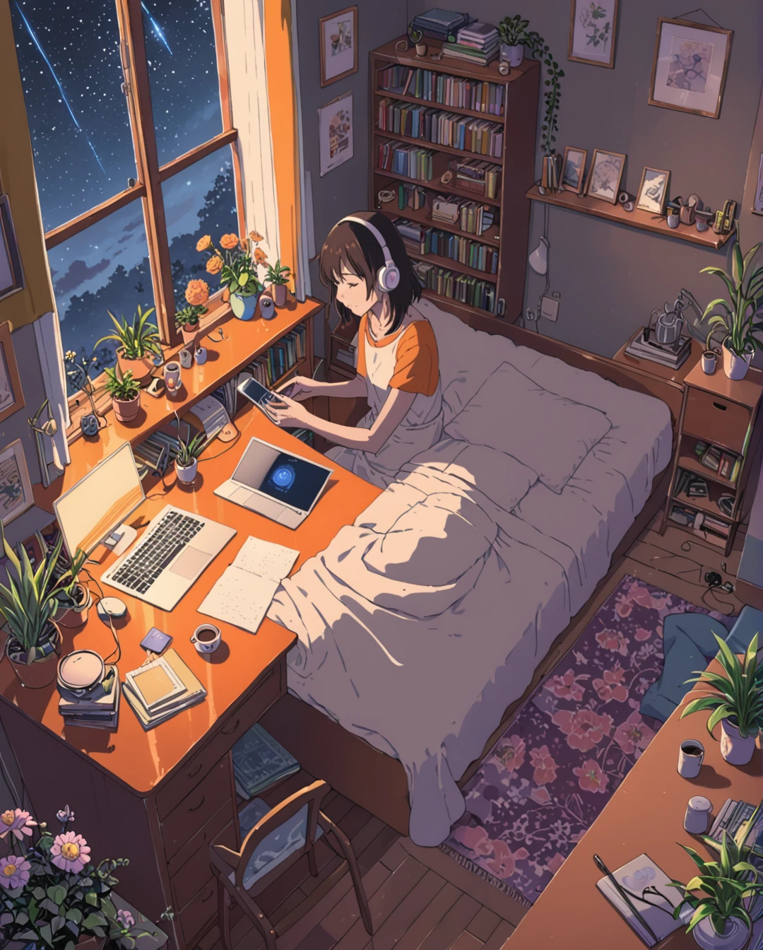 ((anime:1.4,illustration)),(masterpiece, top quality, best quality),(ultra-detailed, absolutely resolution),((16k, high res)). BREAK {lofi art, style of Laurie Greasley, style of Makoto Shinkai, anime aesthetic} BREAK {illustration of A girl is lying on her bed in a room, she is listening to music on her headphones and touching her cell phone, it is dark outside the window and the stars are shining, there are plants, a bed, a bookshelf, a study desk, a laptop computer, a coffee cup and a vase of flowers on the desk, the room is colorful with orange as the base color. A colorful room with a orange base}
