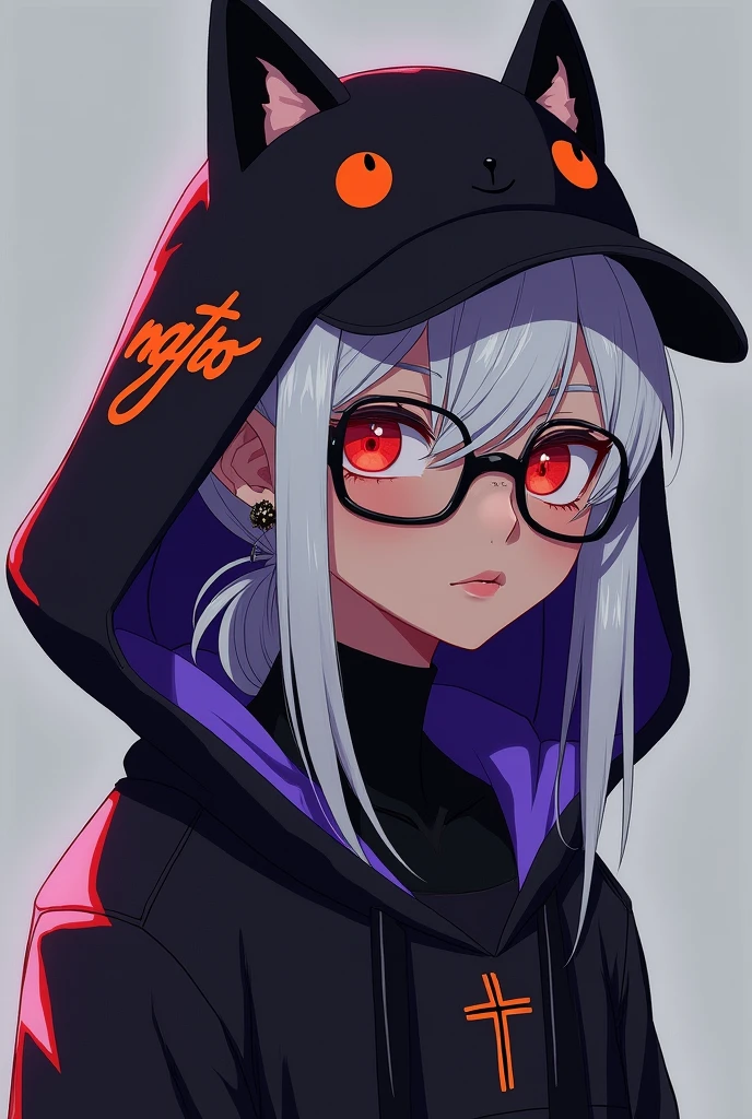 young man, Black skin tone, dark red eyes, elf ear small size, black earring in the shape of a cross but with two ears, wears prescription glasses, White hair, hair tied with ponytail, 2 strands of hair in the front, wears a black cap with a cat face, wears a closed hood with two different colors, black on one side and purple on the other, with an orange name written: NGGTO.