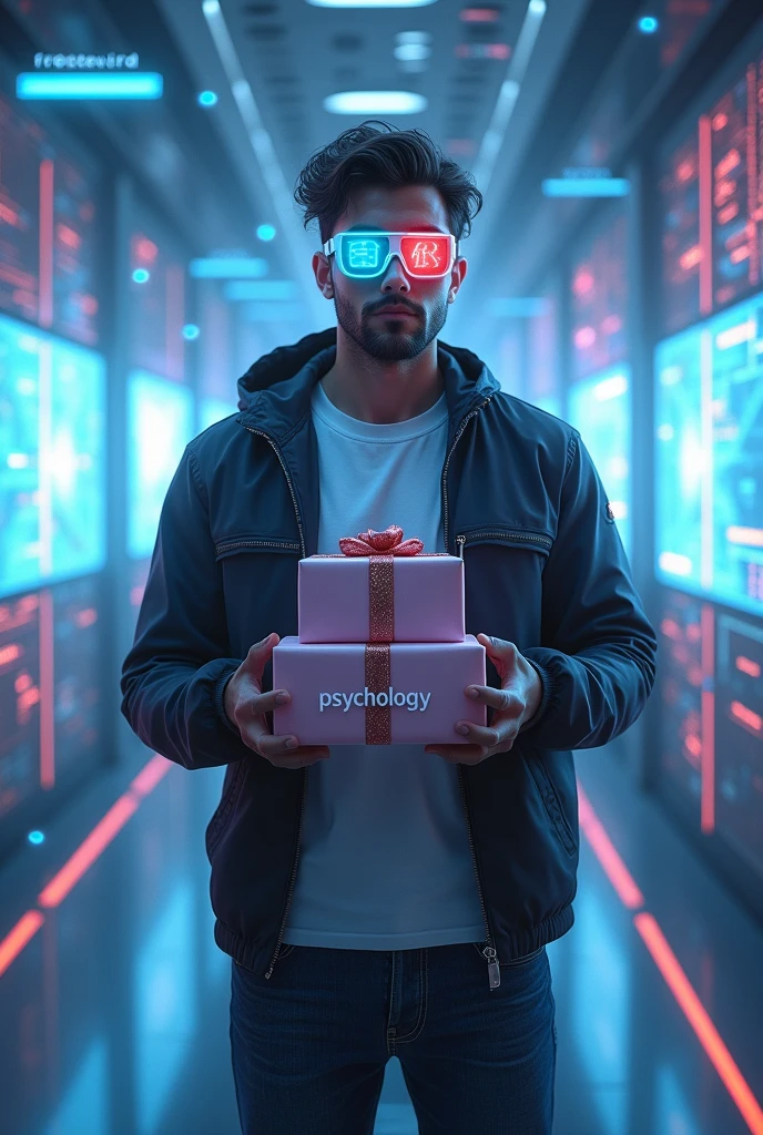 man with 3d glasses who has presents psychology and the logo on it and the metaverse adding the word ResetMind