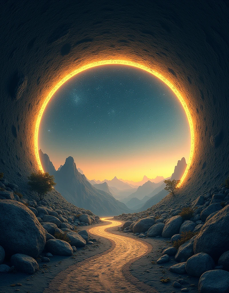Round，Minimalist composition，Large wide angle，Three-dimensional space，James R. Eads，Peter Gric，Starry Sky，The distant mountains are hazy，Fall，A complex ring of fate with an inner glowing gold edge，A backlit angel，time Tunnel，pointer，Starlight，Magnificent palace，Three-dimensional brushwork,Delicate, clear and beautiful lines,Diffuse gradient，Strong internal fluorescence，3D Model,，uhd,hdr,16K