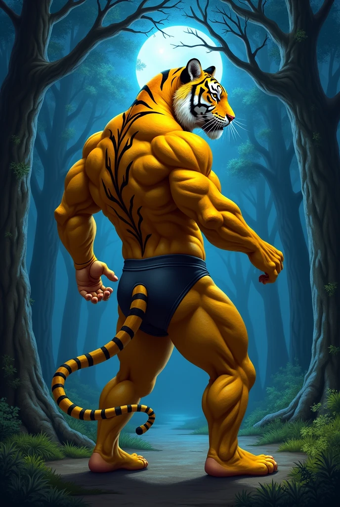 (photorealism:1.2), ((master piece)) a muscular yellow tiger posing and wearing underwear in the forest at night with his back turned, Digital art
