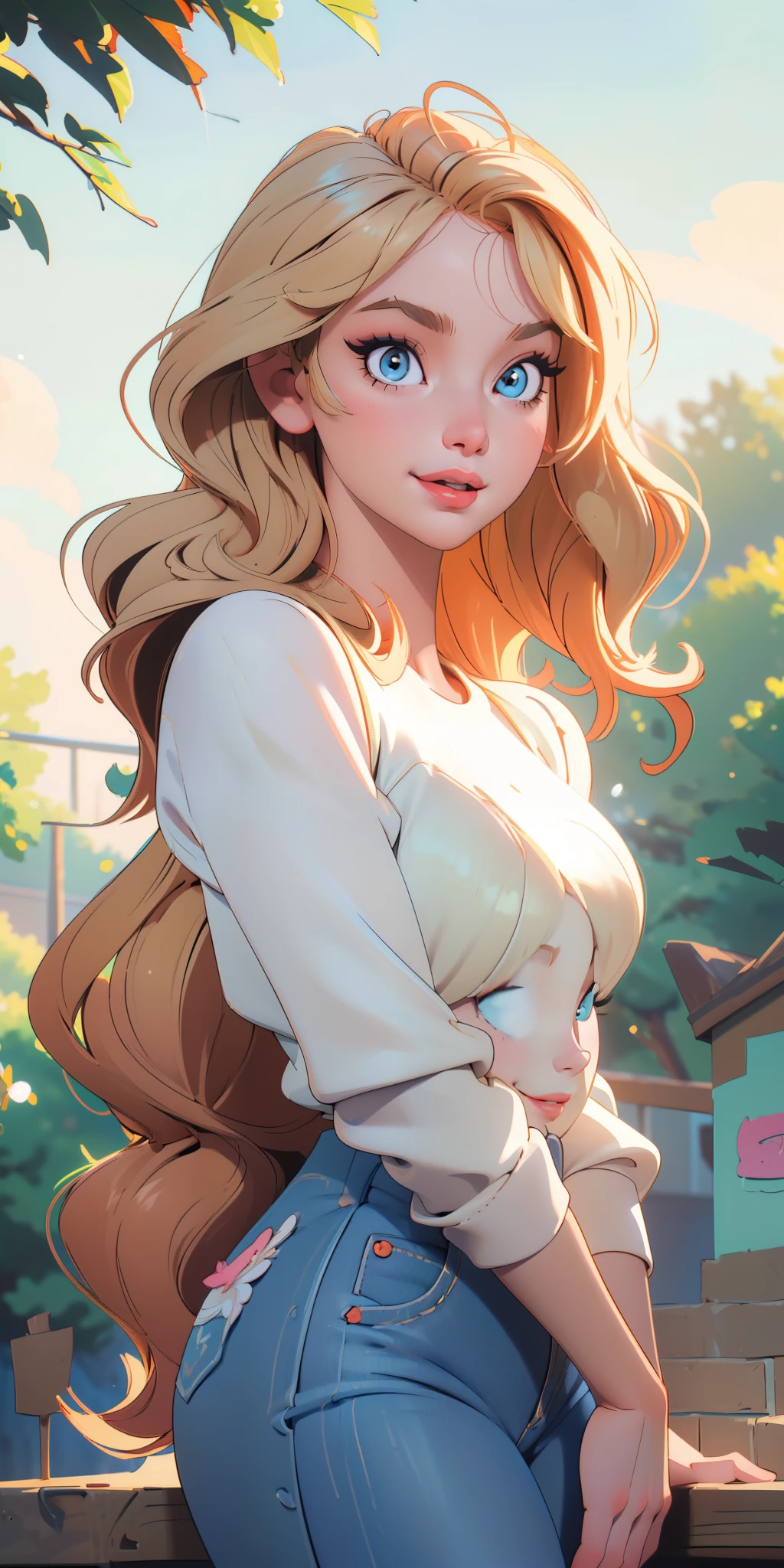 (best quality, ultra-detailed, photorealistic: 1.39), Face of naughty 2 ager, bright and vibrant colors, studio lighting, romantic expression, Perfect big breasts, cute blouse, long sleeves, jeans, Short blonder hair, bob style, bangs flowing in the wind, attractive eyes, lips bright, sexy pose, smiling seductively, posing for a professional photo shoot, shallow depth of field, soft natural lighting, creating a romantic and magical atmosphere, street, summer, sunny day, trees