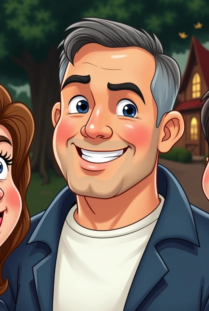 Use the same face of the man in the inspiration image, insert a woman into the scene, his wife and 3 children, everyone smiling like a happy family, use a house and trees as a background, create image in Disney character style