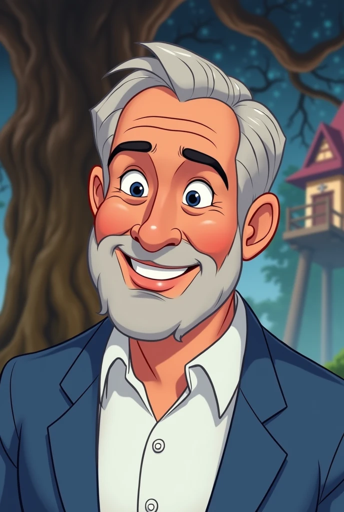 Use the same face of the man in the inspiration image, insert a woman into the scene, his wife and 3 children, everyone smiling like a happy family, use a house and trees as a background, create image in Disney character style