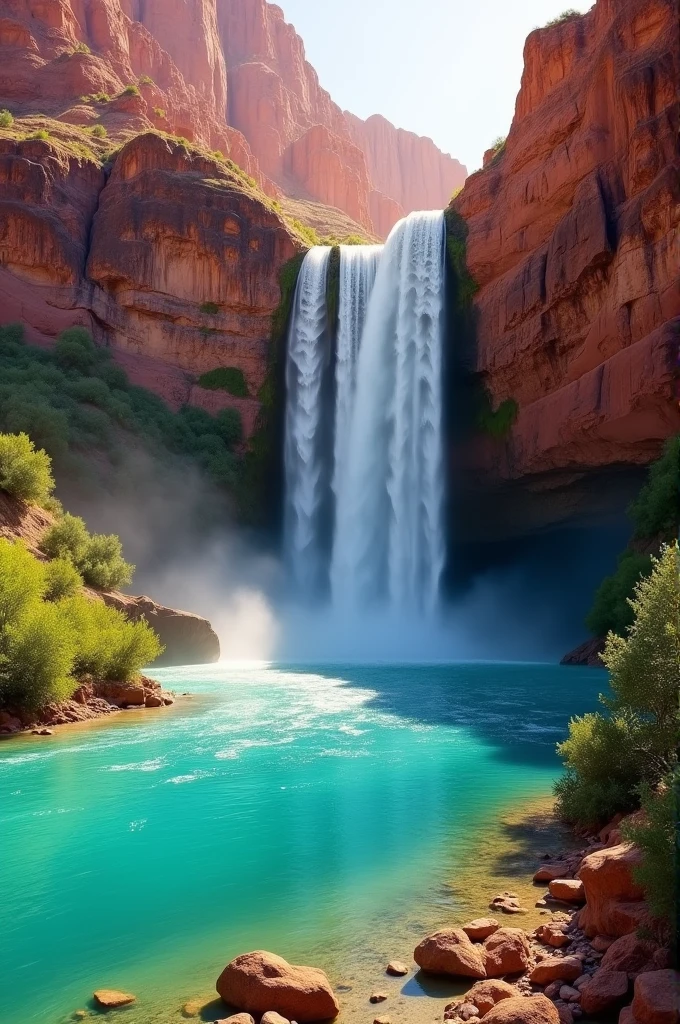 Generate an image of Havasu Falls within the Grand Canyon, featuring its striking blue-green waters cascading over a cliff. The scene should include the surrounding red rock canyon and the natural pool at the base of the falls, with sunlight casting a warm glow on the water and rocks.”