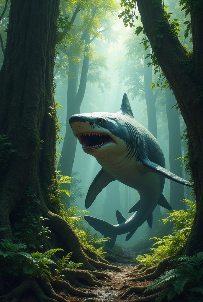 Shark in a forest, the image is of poor quality