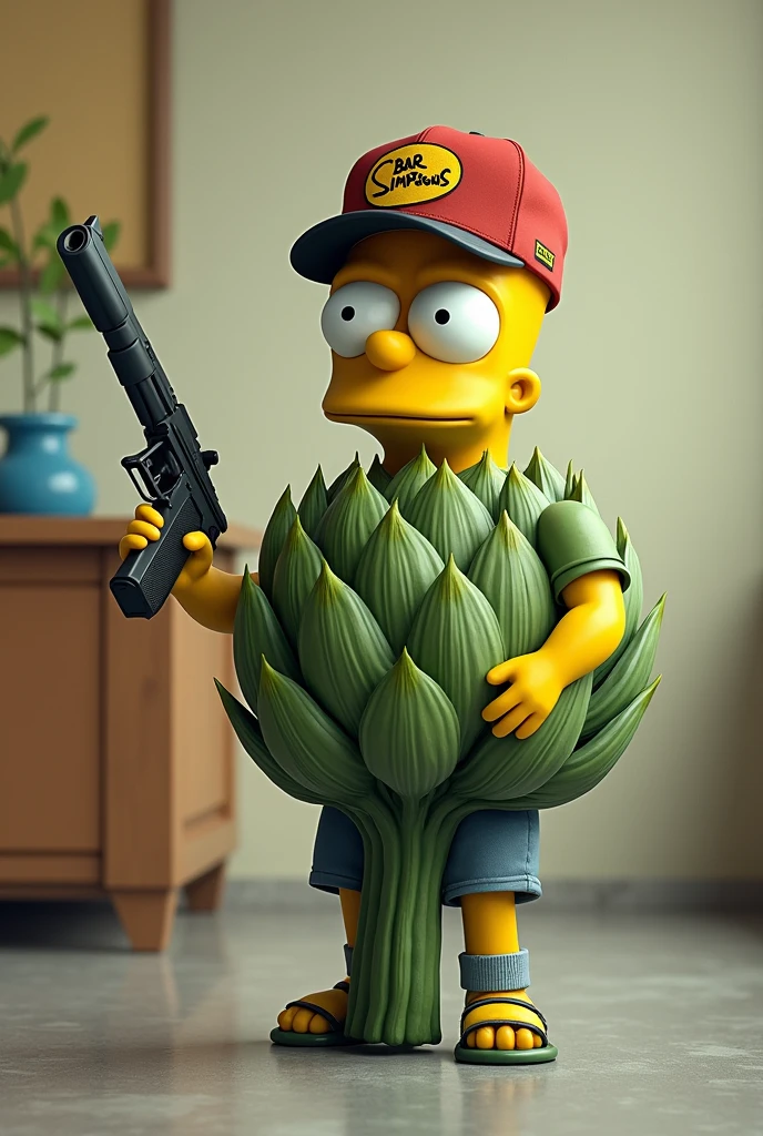 Bart Simpson in the form of an artichoke with a gun and a cap with a table and a vase above the logo