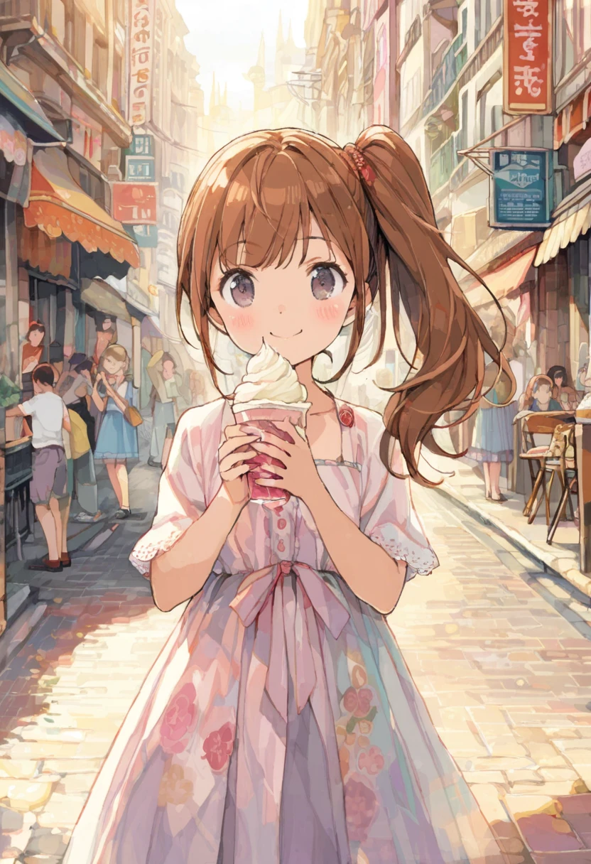 1girl,10yo,brown hair,black eyes, (red round eyewear), side ponytail,smile, blushful, BREAK anime style, super fine illustration, highly detailed, dynamic angle, beautiful detailed, 8k, On a summer afternoon under the blazing sun in a city street, BREAK a woman is enjoying a cold gelato. BREAK Her skin shimmers in the sunlight, making her stand out in the vibrant and joyful scene. BREAK ((best quality, high resolution)), (delicate illustration), (pastelcolor style illustration:0.4), (watercolor style illustration:0.4), ((beautiful:1.3)), (tegaki),(anime key visual),4k,Perfect Anatomy,