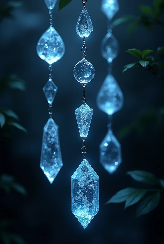 crystals hanging from a chain, that they look magical, gothic with black background