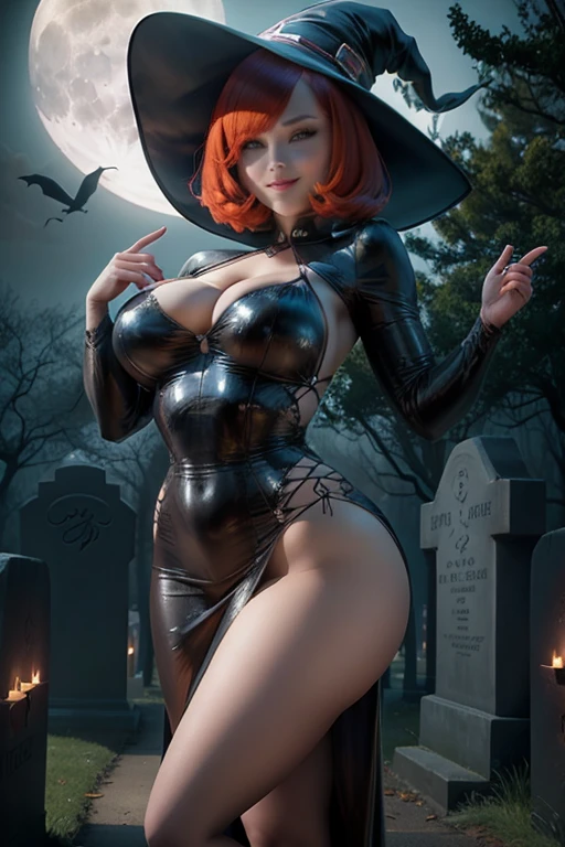 Witch, sexy pose, big breasts, curvy, smile, bob haircut, sexy china dress, redhead, graveyard, night, full moon