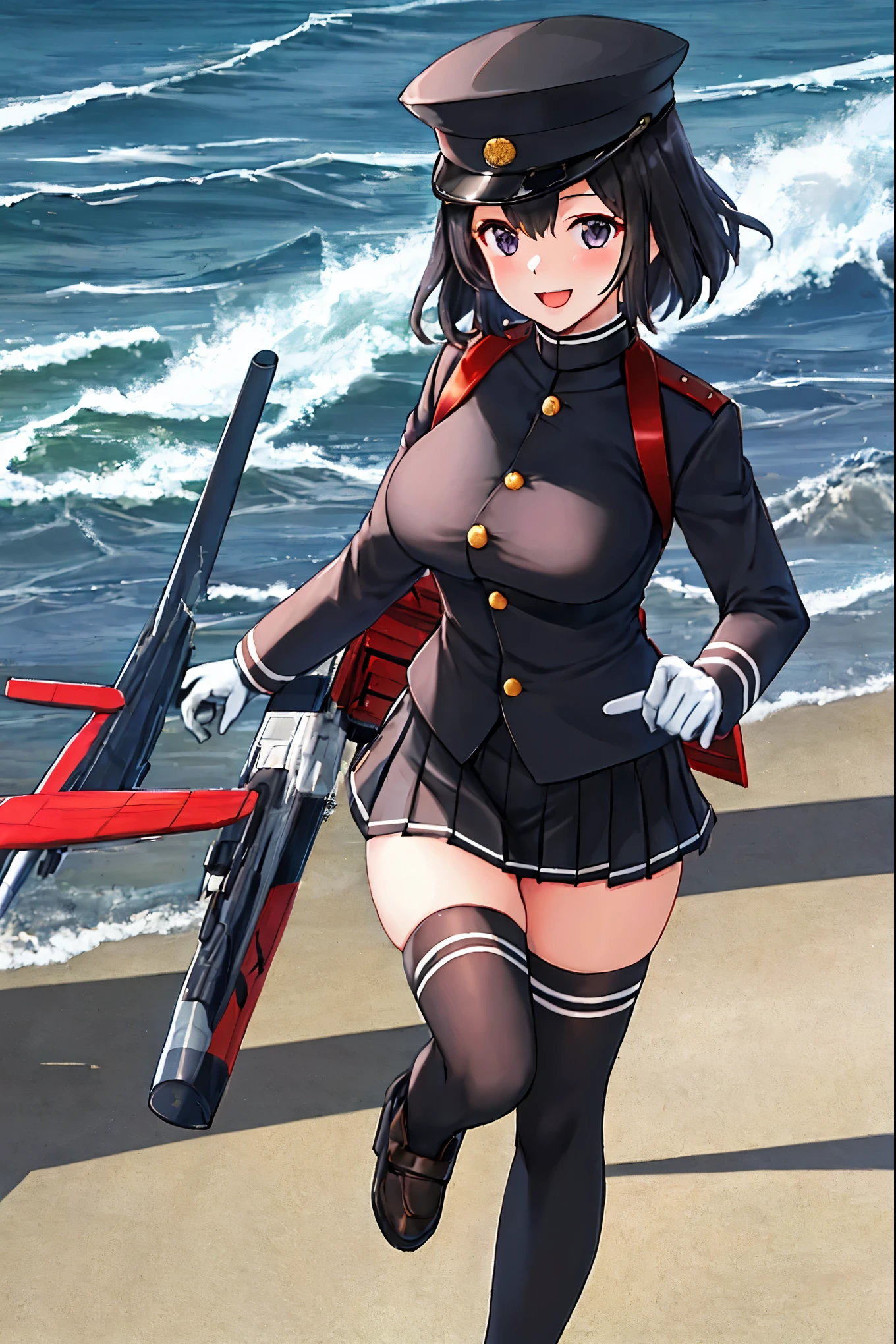 best quality, masterpiece, solo, {akitsu_maru_kantaicollection:1.15}, black_hair, short_hair, hat, peaked_cap, black_eyes, military, big_breasts, 1girl, black_headwear, looking_at_viewer,black_ military_uniform, uniform, military_hat, in_front_harbor_town_landscape_background, smile,(plump:0.7),,black_thigh-highs,joylight_open_mouth,