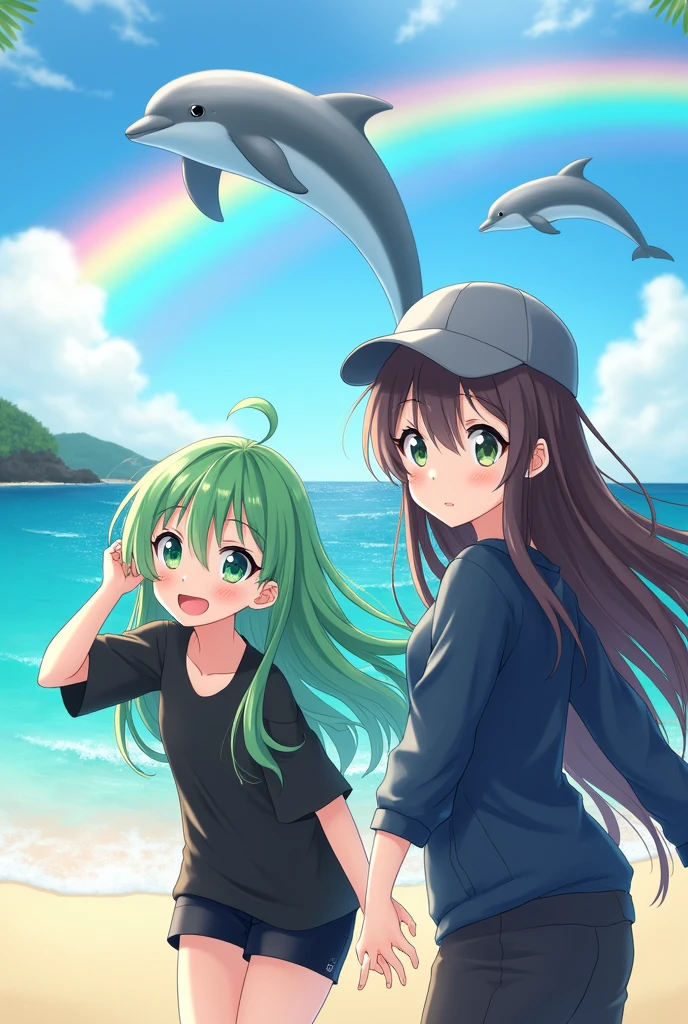 Rainbow dolphins, in a beach, bright rainbow in the background, Bright sea, anime girl, Long green hair, green eyes, Pale skin, long black shirt, black shorts, happy face, high quality, segunda anime girl, long brown hair, gray cap, dark blue sweatshirt, Black pants, green eyes, smoking.