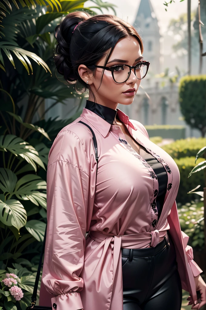 a gorgeous curvy woman, wearing a dark pink long-sleeve blouse and tight black trousers, black ponytail hair, wearing glasses, standing in a garden, holding a handbag, portrait close up view, intricate details, realistic, photorealistic, hyper detailed, 8k, masterpiece, dramatic lighting, cinematic, moody atmosphere, warm color palette, mystical, magical realism
