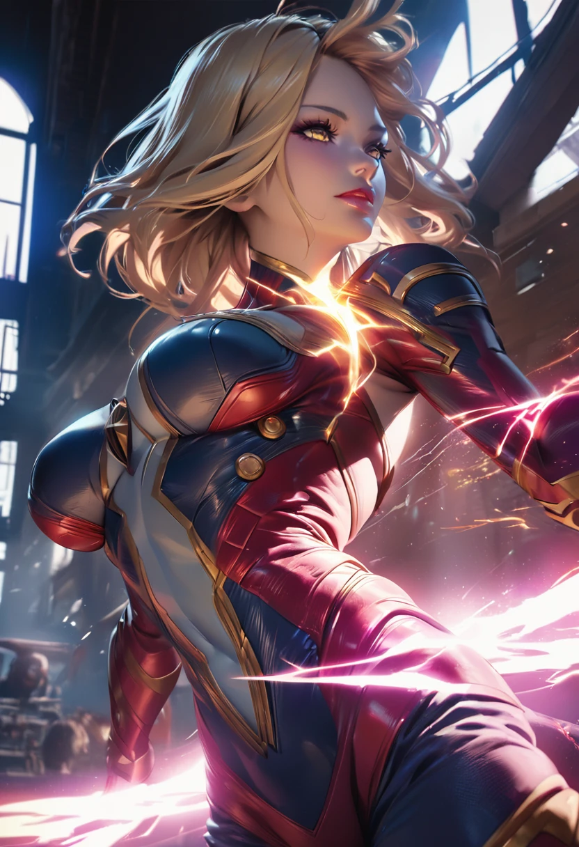 a female superhero,captain marvel,energy being held emitting from her outsrtechted hands and bodyand body using all her power to melt her and kill her enemy ,powerful and sexy pose,cinematic lighting,vivid colors,cinematic composition,beautiful detailed eyes,beautiful detailed lips,extremely detailed face and body,long eyelashes, long blonde hair ,volumetric energy effects,dramatic shadows,glowing energy aura,cinematic camera angle,hyper realistic,8k,high quality,detailed rendering,digital art,concept art style
