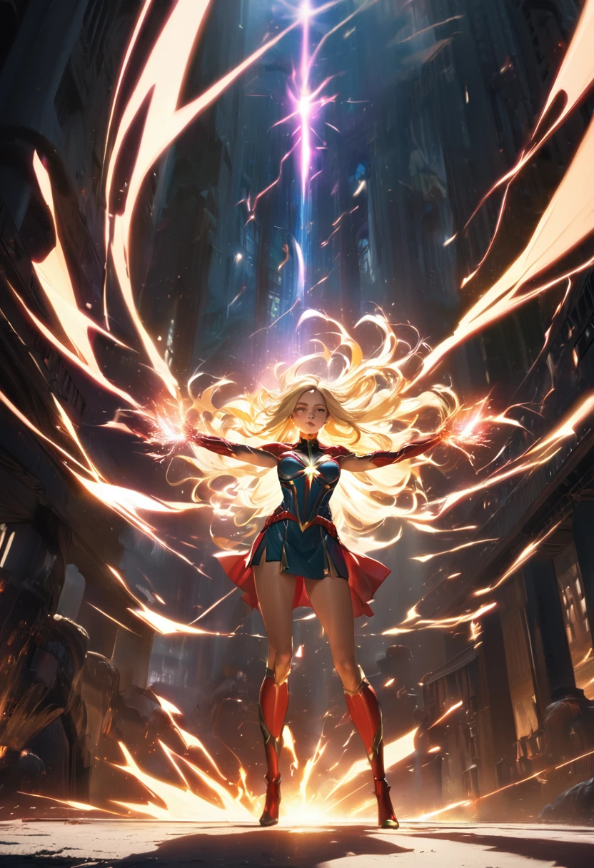 a female superhero,captain marvel,energy being held emitting from her outsrtechted hands and bodyand body using all her power to melt her and kill her enemy ,powerful and sexy pose,cinematic lighting,vivid colors,cinematic composition,beautiful detailed eyes,beautiful detailed lips,extremely detailed face and body,long eyelashes, long blonde hair ,volumetric energy effects,dramatic shadows,glowing energy aura,cinematic camera angle,hyper realistic,8k,high quality,detailed rendering,digital art,concept art style