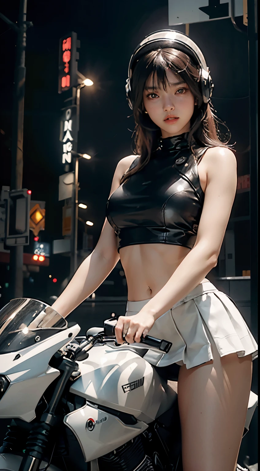 Highest image quality, outstanding details, ultra-high resolution, (realism: 1.4), the best illustration, favor details, highly condensed 1girl, with a delicate and beautiful face, dressed in black crop top and white short skirt, wearing a mecha helmet, holding a directional controller, riding on a motorcycle, the background is a high-tech lighting scene of the future city.