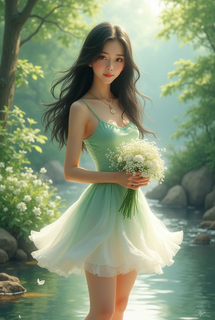 full lenght hiper 3k. A beautiful young woman, sweet and gentle, 20 years old, with long, flowing black hair, wearing a light green and white short dress, a white skirt holding a bunch of white flowers. Beautiful atmosphere in the morning, refreshing and cool. Beautiful stream scene, refreshing atmosphere in the morning, glowing and shimmering light. Three-dimensional oil painting, art painting by Professor Chalermchai.