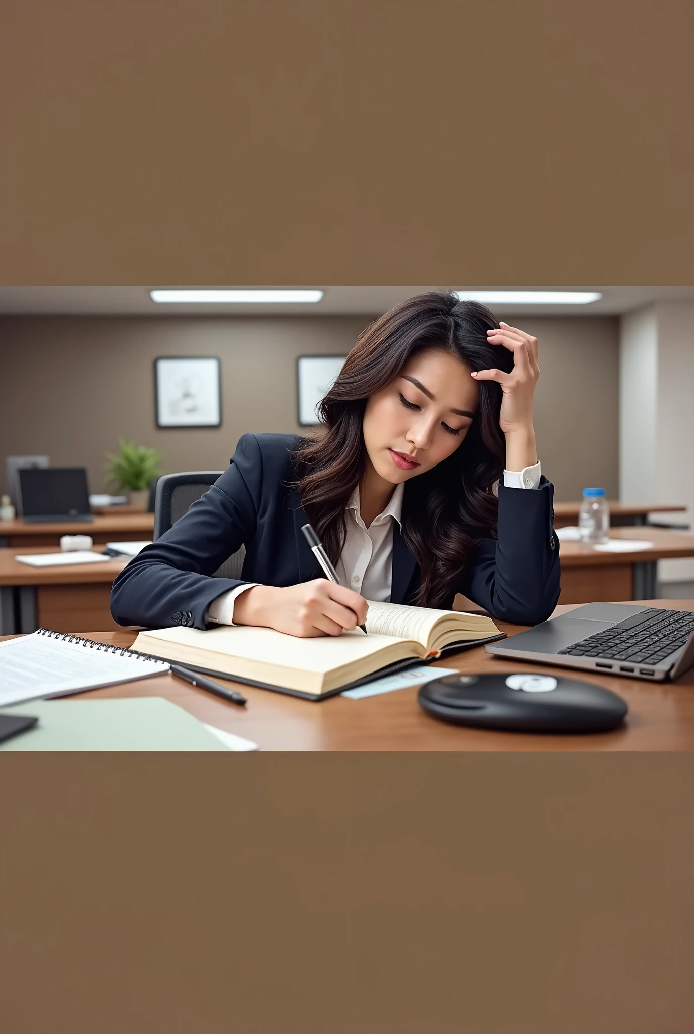 An American office worker writing a work diary，16K HD resolution